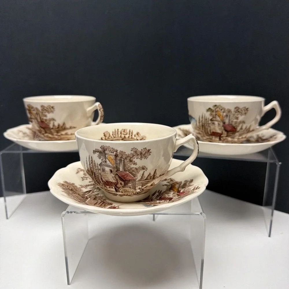 Johnson Brothers The Old Mill Teacup And Saucer England China Set Of 3